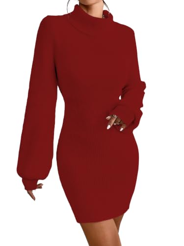 Image of Turtleneck Sweater Dress for Women Lantern Sleeve Mini Bodycon Ribbed Knit Sweater Pullover Short Dresses XS-XXL