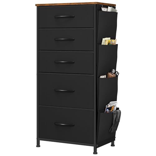 YITAHOME Cajonera de Tela con Bolsillos Laterales, Ganchos,Cómoda de Tela,Unidad de Almacenamiento,con 5 cajones Extraíbles,Cómoda de para Sala de Estar,Dormitorio, habitación Infantil,Negro