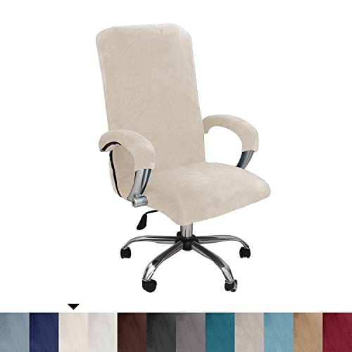 Bestenrose Velvet Office Chair Cover Stretch Computer Desk Armchair Cover Slipcover Replacement Washable Rotating Universal Chair Covers with Arm Cover (Beige