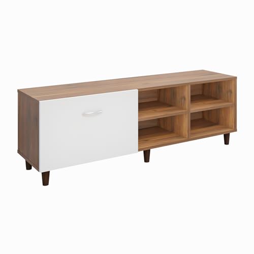 Image of VIKI Modern TV Unit for Living Room | Engineered Wood TV Cabinet with 1 Drawer Storage & 2 Open Shelves, Entertainment Unit, 140W x 48H x 40D cm | DIY | 1 Year Warranty (Walnut & White)