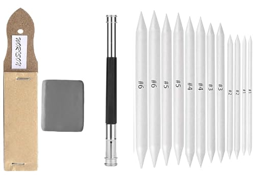 Image of worison 15 Piece Blending Stumps Set - Includes Sandpaper Pencil Sharpener, Pencil Extender and Kneaded Eraser, Complete Sketching and Shading Tool Kit for Artists, Students and Hobbyists