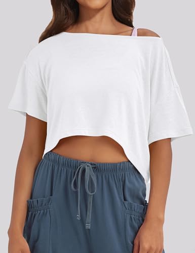 MISSACTIVER Oversized Off The Shoulder Top for Women Short Sleeve Boat Neck Crop Tee Loose Summer Workout Shirt4