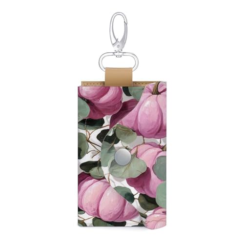 Pink Pumpkins And Eucalyptus Leaves Key Holder Bag PU Leather ID Card Holder Keychains Case Cover for Men Women