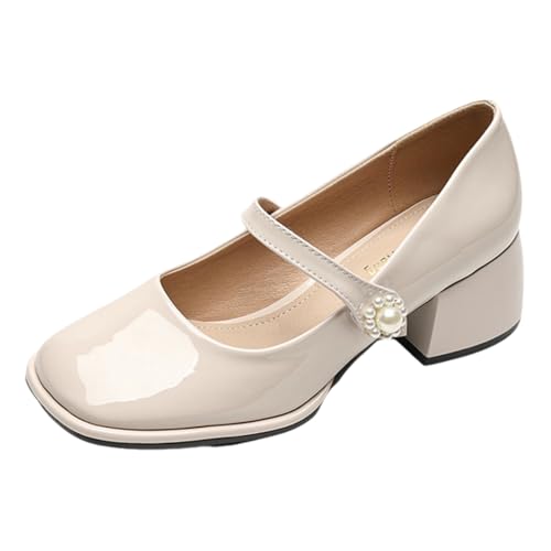 Mary Jane Shoes Women Chunky Block Low Heel Dress Shoes for Women Close Square Toe 2 Inch Pumps for Dressy Casual Apricot