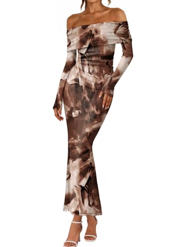 LILLUSORY Wedding Guest Off The Shoulder Holiday Dresses for Women 2026 Spring Fall Winter Bodycon Floral Long Sleeve Maxi Cocktail Going Out Party Formal Dresses Coffee S