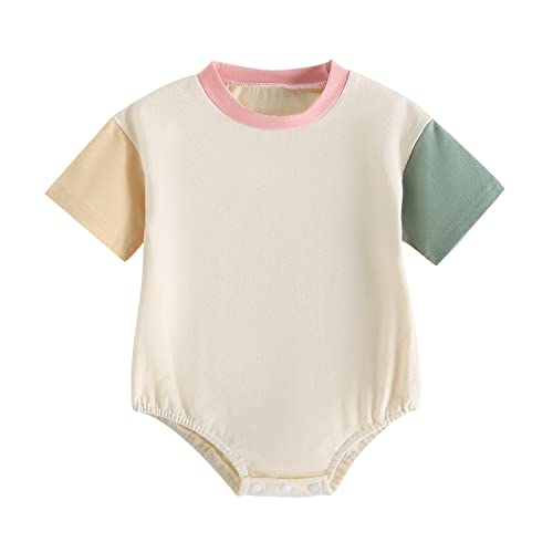 WALLARENEAR Bubble Romper Newborn Baby Boy Girl Solid Color/Color Block Bodysuit Short Sleeve Sweatshirt Romper Summer Clothes (Color Block Pink Collar, 0-3 Months)
