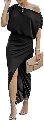 ANRABESS Women's Off The Shoulder Summer Short Sleeve Wrap Slit Bodycon Maxi Elegant Dress A880-heise-L Black