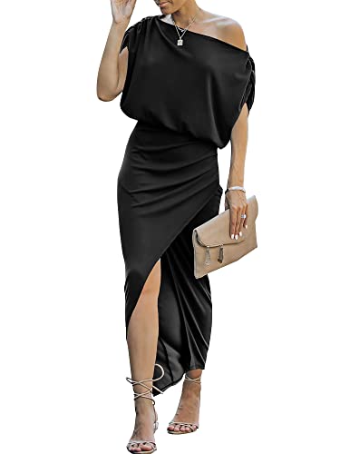 Anrabess Women's Off The Shoulder Summer Short Sleeve Wrap Slit Bodycon Maxi Elegant Dress A880-Heise-L Black #TOP30
