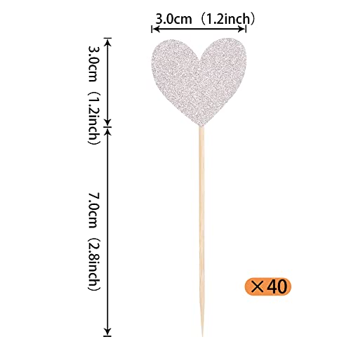 40 Pack Silver Heart Cupcake Toppers Glitter Love Heart Valentine Cake Picks Decorations For Valentine's Day Theme Wedding Engagement Bridal Shower Birthday Party Supplies #TOP1