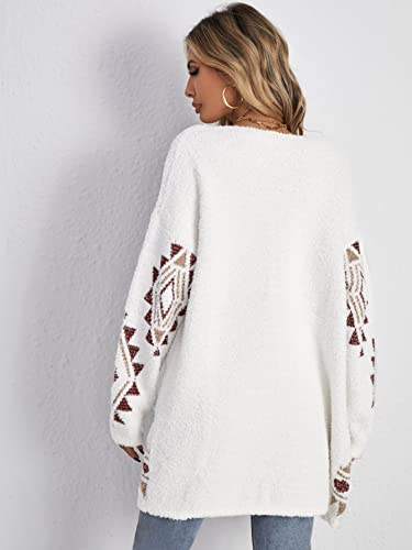 WDIRARA Women's Fuzzy Knit Cardigan Geo Pattern Long Sleeve Drop Shoulder Open Front Sweater2