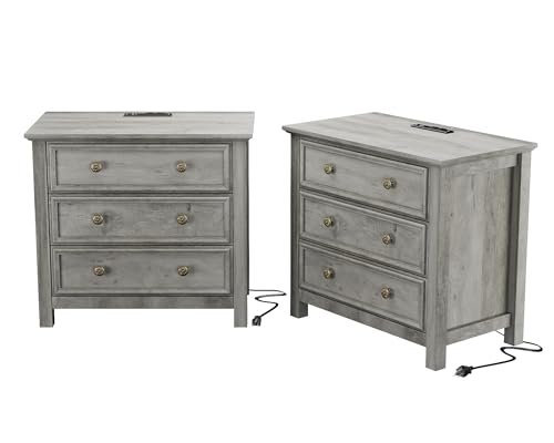 Image of LGHM Set of 2 Large Nightstand with Charger Station, 27" W Night Stand with 3 Large Drawers, Accent Small Dresser Bed Side Table, Stable Thick Wood Legs, Timeless Look,Gray
