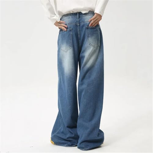 Men's High Street Jeans Water Washed Folded Draping Wide Leg Denim Pants 6