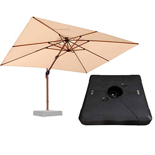 Purple Leaf 9' X 12' Double Top Deluxe Wood Pattern Rectangle Patio Umbrella With Base Offset Hanging Umbrella Outdoor Market Umbrella Garden Umbrella, Beige #TOP21