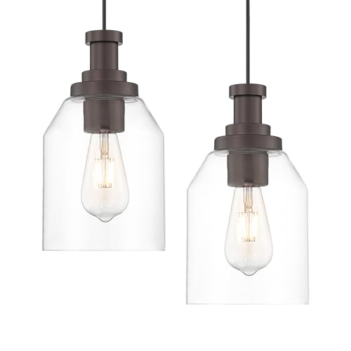 Image of zeyu 2 Pack Farmhouse Hanging Pendant Lights Kitchen, Large Kitchen Pendant Lighting Over Island, Clear Glass Shade, Oil Rubbed Bronze Finish, ZG33M1L-2L ORB