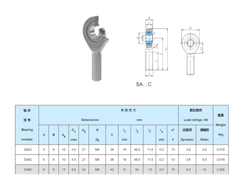 Rotule SA6C roulement d'extrémité de tige acier PTFE pas de vis mâle M6 - 3