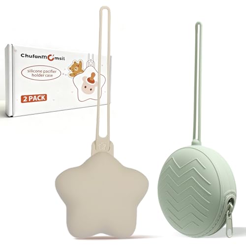 Image of ChufanMomsil Silicone Pacifier Holder Case for Girl and Boy, Baby Pacifier Storage Case, BPA Free Portable Silicone Pacifier Holders for Travel, 2 Pack, Khaki + Green