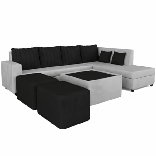 Image of CASASTYLE Stylano 8 Seater Fabric RHS L Shape Sofa Set with 1 Centre Table & 2 Ottoman (Black-Light Grey) 8-Person Seating with Premium Velvet Finish