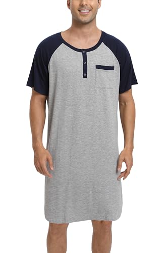 Enjoyoself Chemise de Nuit Homme Hauts de Pyjama Tee-Shirt Longueur Genou Col V avec Boutons Manches Courtes Vêtements d'Intérieur Douce Confortable Grande Taille Gris+Bleu Marine XL