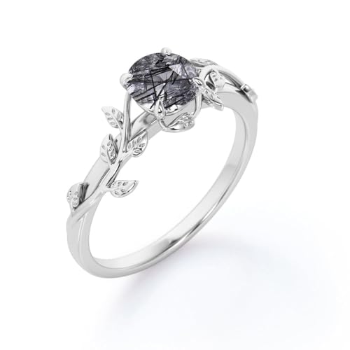 Black Rutilated Quartz Engagement Ring for Women 925 Sterling Silver 10K/14K/18K Gold 1CT Black Rutilated Quartz Wedding Ring Vintage Art Deco Anniversary Promise Ring for Her3