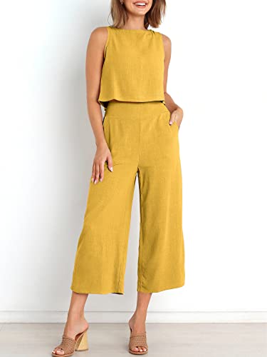 Image of ANRABESS Women's Summer 2 Piece Outfits Sleeveless Tank Crop Button Back Top Cropped Wide Leg Pants Set Pockets