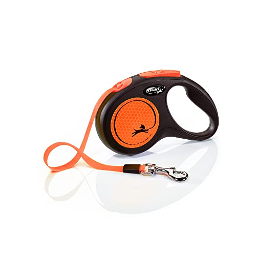 Flexi® Neon S | Laisse rétractable à Sangle de 5 m pour Chiens jusqu'à 15 kg | Noir/Orange Fluo | Laisse à Enrouleur pour Chien | Poids : 210 g |...