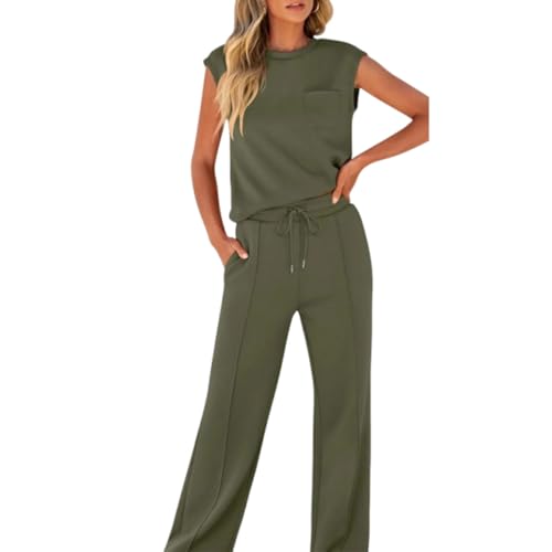 Women's Casual Sleeveless Top and Drawstring Pants 2-Piece Set,Solid Color Round Neck Top Wide Leg Pant Sets2