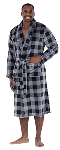 Pajamamania Men's Plush Long Sleeve Fleece Long Bathrobe, Grey And Black Plaid (Pm2401-2094-Lrg) #TOP10
