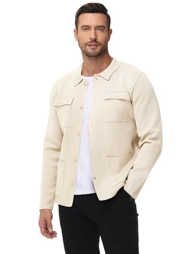 Atforna Men'S Cardigan Sweater Casual Chunky Knit Multi-Pocket Lapel Collar Button Down Long Sleeve Sweater Fall Winter 2024 Sweater Beige L thumb #1