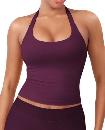 Image of YEOREO SoftHue Women's Impact Halter Tank Top Longline Backless Scoop Neck Built-in Bra Sports Workout Gym Crop Top