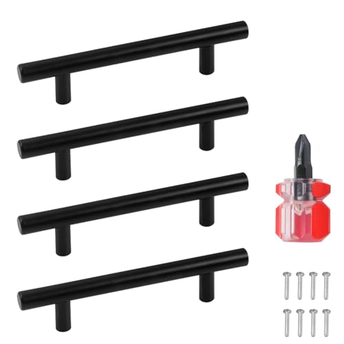 Image of 4Pcs Black Kitchen Cupboard Handles 96mm Hole Cente, 150mm Stainless Steel T Bar Pull Handle with Screwdriver and Screws, Matt Black Drawer Cupboard Door Handles for Cupboards Furniture Decoration