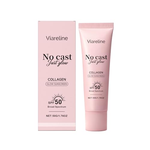 Viareline Collagen Glow Sunscreen SPF 50 Broad Spectrum – No White Cast, Hydrating Sunscreen with Light Coverage, 1.76 oz (50 ml)