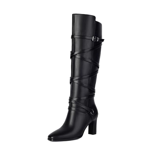 Women's Knee High Boots Wide Calf Boots Pointed Toe Chunky Heeled Boots with Side Zip Leather Wraparound Buckle Fall winter Tall Boots For Women