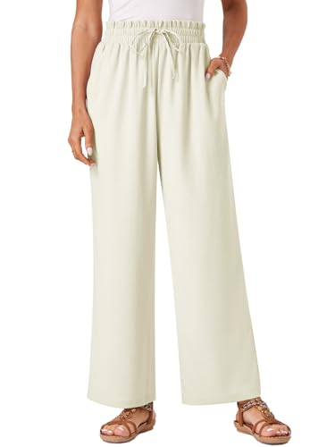 AKEFUN Womens Palazzo Pants Wide Leg High Waist Flowy 2026 Casual Summer Linen Beach Loose Comfy Boho Pants with Pockets, Beige S