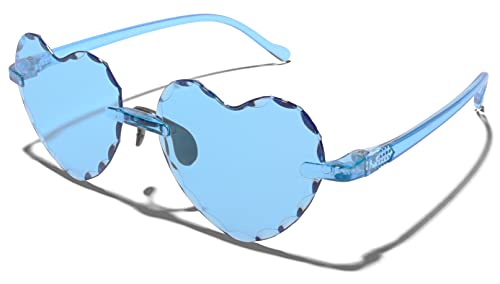 ShadyVEU Heart Shaped Sunglasses Kids Rimless Candy Colored Etched Frame Party Fun Cupid Love Shades 2 to 8 Years Old (Blue)