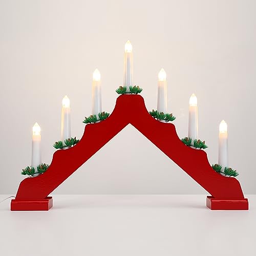 Lewondr Christmas Swedish Candelabra, Electric Candles with 7 Flameless Taper Candles, USB Powered Wooden Candle Bridge Light with Pine Needles, Decorative Xmas Candle Lights for Windows Wedding, Red