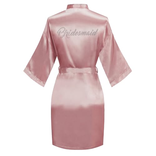 Image of Women's Bride Bridesmaid Robes Short Satin One Size Silver Rhinestones Wedding Party Getting Ready Sleepwear