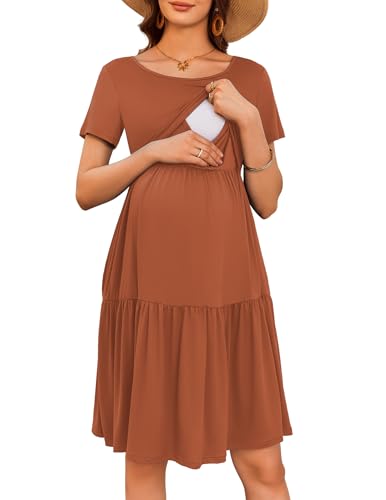 Image of Ekouaer Nursing Dress Summer Short Sleeve Breastfeeding Casual Knee Length Maternity Dresses S-XXL