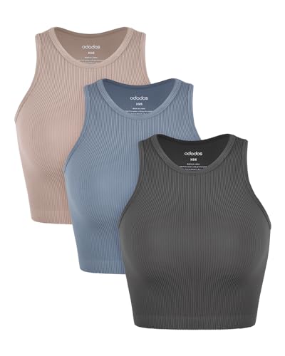 Image of ODODOS 3-Pack Seamless Crop Tank for Women Ribbed Soft High Neck Cropped Tops