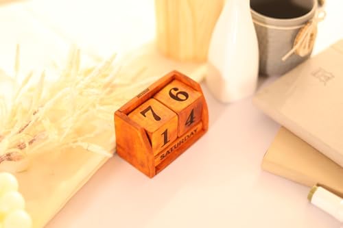 Image of Handmade Wooden Perpetual Desk Calendar | Vintage Wooden Table Calendar for Home & Office Decor (CALENDER 1)