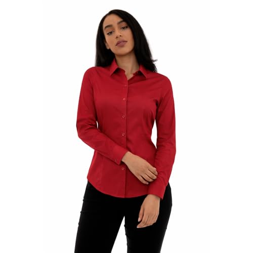Image of Style It Up Women’s Long Sleeve Tailored Fit Blouse – Ladies Formal Office Button-Down Smart Work Shirt (RED, 14)