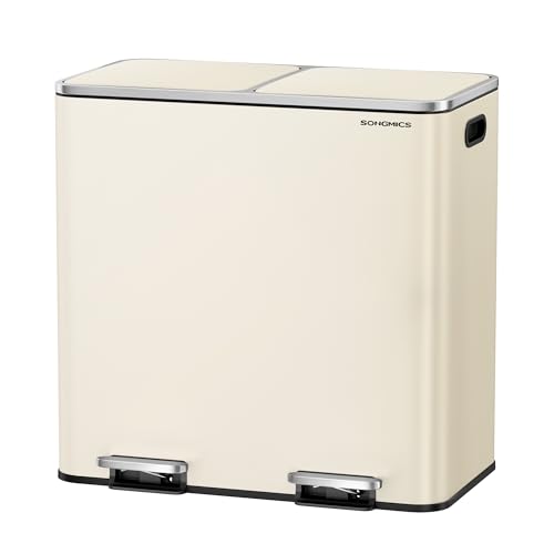 Image of SONGMICS Trash Can, 2 x 10.6 Gallon (2 x 40 L) Garbage Can for Kitchen, with 15 Trash Bags, 2 Compartments, Plastic Inner Buckets and Hinged Lids, Airtight, Almond Color ULTB730A01V1