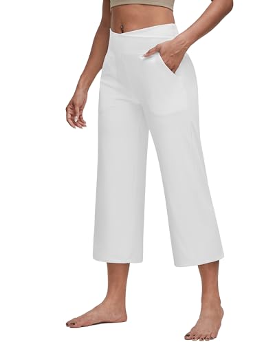 Image of G4Free Capri Pants for Women Wide Leg Yoga Dress Capris with Pockets Cross Loose Casual Work Crop Pants