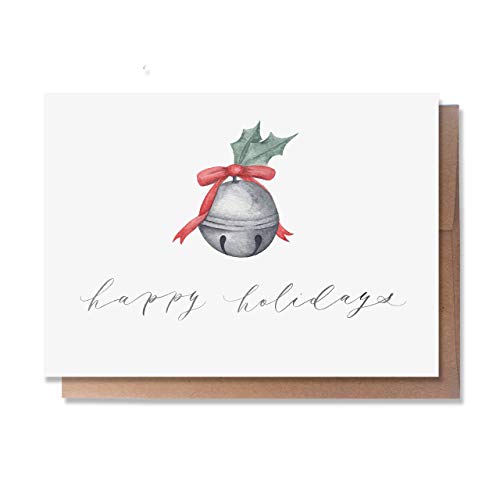 Wunderkid Classy Happy Holidays Card, Christmas Greeting Card, Holiday Bell Watercolor Art (1 Single Card, Blank inside)