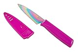 Kuhn Rikon Colori Non-Stick Straight Paring Knife with Safety Sheath, 4 inch/10.16 cm Blade, Rainbow