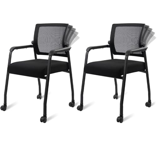 Image of KLASIKA Ergonomic Mesh Back armChairs with Non-Slip Mute Casters and Upholstered Fabric Thickened Seat, Reception Guest Chair with Lumbar Support for School Church Office Conference Room, Black 2Pack