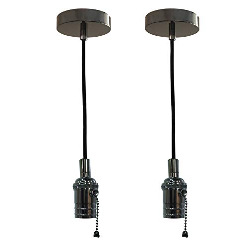 60% Off Discount Royal Designs Hanging Pendant Lighting, Vintage-Style Pull Chain Pendant Light Socket and Canopy, Gun Metal Gray with Black Rayon Fabric Cord, Set of 2