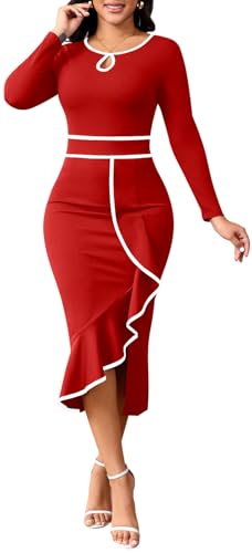 Image of Women's Elegant Church Vintage Bodycon Dress Casual Long Sleeve Work Business Pencil Split Sheath Midi Dresses