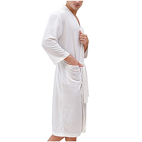 Long Sleeve Bathrobes for Men Fashion Comfy Lace Up Loungewear V Neck Sleepwear Solid Color Robes with Pockets