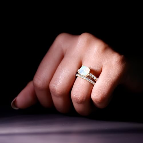 Certified Opal Wedding Ring Set, AAA Quality, Natural 8mm Cushion Cut Opal Engagement Ring with Moissanite Enhancer4