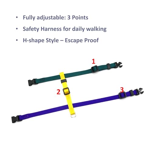 Image of Rabbit Harness and Leash Set Escape Proof Snag Proof Nylon Adjustable 3-Point Adjustable Detachable Bell for Bunny Ferret Hamster Guinea Pig Kitten and Puppy Black and Red (Green, Purple and Yellow)